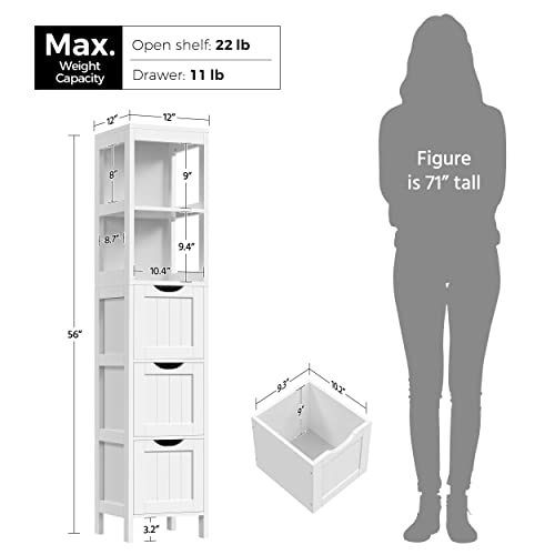 Yaheetech Bathroom Tall Cabinet, Slim Storage Cabinet, Narrow Freestanding Floor Cabinet with 3 Drawers & 2 Shelves, Linen Tower for Small Space, 12" D x 12" W x 56" H, White Yaheetech