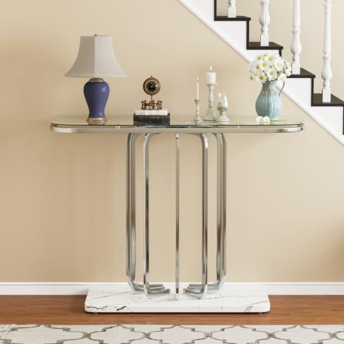 O&K FURNITURE 43" Modern Glass Console Table with Curved Chrome Frame & Faux Marble Base, Silver Narrow Sofa Table for Entryway, Living Room, Hallway, Home Office O&K FURNITURE