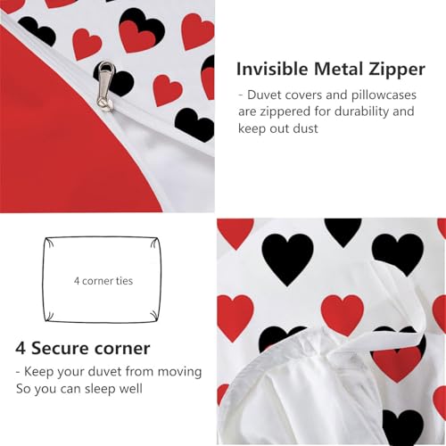 DLERFLOVR Single Duvet Cover, Black and Red Heart Reversible Quilt Cover - So Soft Polyester Fabric - Minimalist Style Bedding Sets with Pillow Cases for Boys, Girls and Children, Red DLERFLOVR
