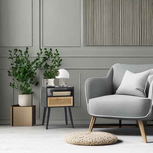 MaxSmeo End Table with Storage Mid Century Nightstand with Rattan Drawer and Shelf, Wood Small Side Coffee Table for Small Space, Living Room and Bedroom, Easy Assembly (Black) MaxSmeo