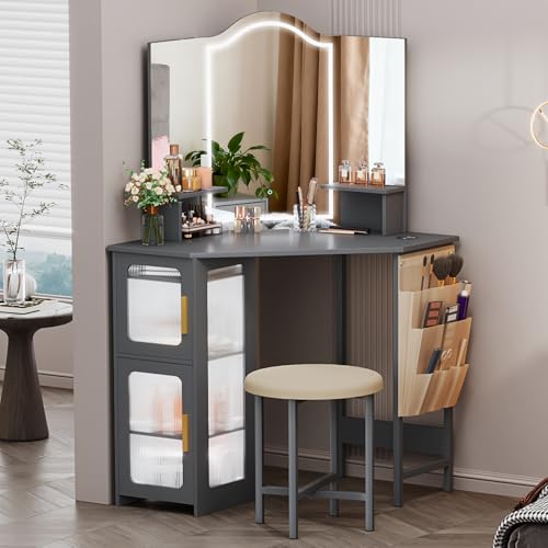 LVSOMT Corner Makeup Vanity Desk with Mirror and Lights, Dressing Table with Charging Station, Makeup Table with Stool, Storage Cabinet and Adjustable Shelf, Bedroom Vanity for Girls Women, Grey LVSOMT