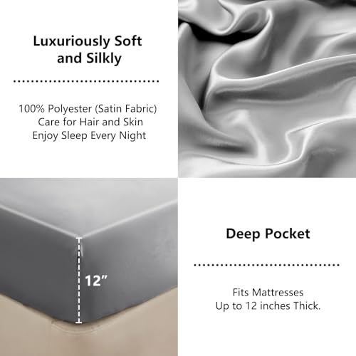 CozyLux Satin Fitted Sheet Twin Size, Light Grey Silky Satin Bed Fitted Sheet Only with Silky Microfiber, Deep Pocket, Single Bottom Sheet Sold Separately, Breathable, Smooth and Soft CozyLux