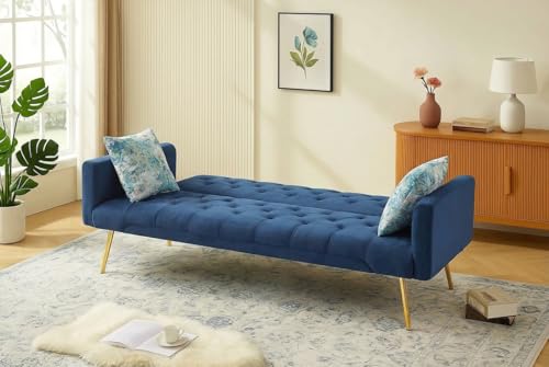 Trygoal Futon Sofa Bed, Convertible Futon Couch with Adjustable Backrest, 68.31” Folding Sofa Bed with 2 Pillows & Metal Legs, Sleeper Loveseat with Armrest for Home Office, Blue Trygoal