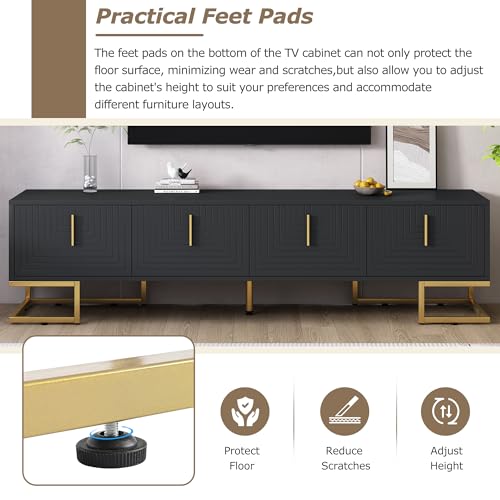 ON-TREND Modern TV Stand with Metal Legs and Gold Handles for TVs Up to 80'', Media Console Table with Cabinets and Adjustable Shelves, Luxury TV Cabinet with Geometric Lines for Living Room, Black Harper & Bright Designs