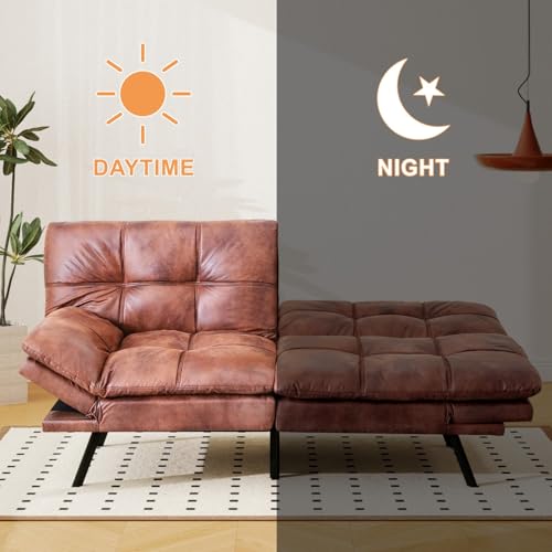 MUUEGM 71" Convertible Futon Sofa Bed, Adjustable Backrest & Armrest Couch, Comfortable Sleeper Loveseat with Faux Leather, Ideal for Small Space Living Room, Apartment, Office, Brown MUUEGM