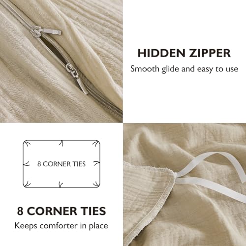 EMME Muslin Cotton Duvet Cover Set Light Tan King Size Linen Like Soft Breathable Lightweight Summer Comforter Cover Set with Zipper Closure (Light Tan, King, 104"x90") EMME