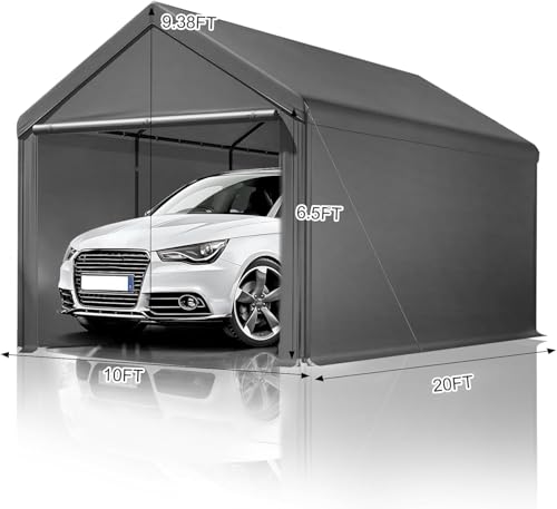 Carport, 10x20ft Heavy Duty Car Port, Portable Garage with Removable Sidewalls & Doors, Car Canopy with All-Season Tarp for Car Boat Truck Party (S-Grey) TANGJEAMER