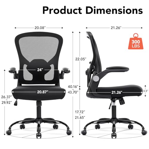 shipborne Ergonomic Office Chair, Computer Desk Chair with Adjustable Lumbar Support, Breathable Mesh Office Chair with Flip-up Armrests, Rocking Function, Comfy Home Office Desk Chair, Black shipborne