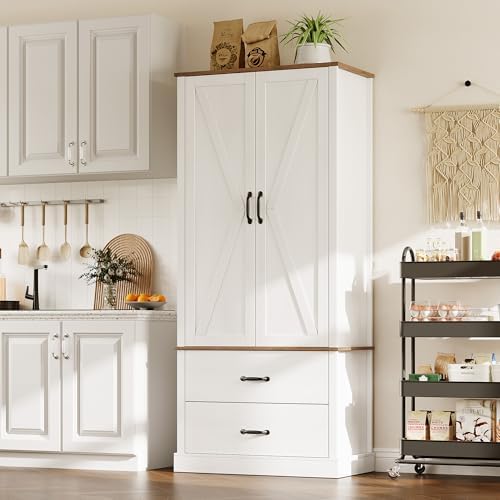 GarveeHome Kitchen Pantry Cabinet, Farmhouse Storage Cabinet with Barn Doors, Drawers and Adjustable Shelves, Versatile Storage for Kitchen, Dining Room, Rustic White GarveeHome