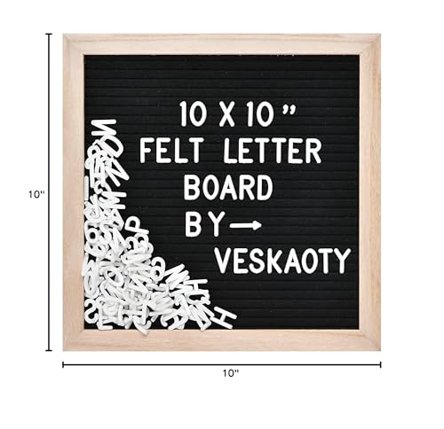 Felt Letter Board with 294 Letters, Numbers & Symbols - 10 x 10 inch Changeable Message Board with Wooden Frame Wall Mount Hook, (Black Board & Wood Frame) Veskaoty