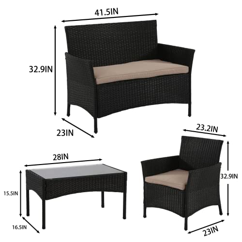 4 Pieces Patio Furniture Set Rattan Outside Furniture Wicker Sofa Garden Conversation Sets with Soft Cushion and Glass Table for Yard Pool or Backyard,Black PayLessHere