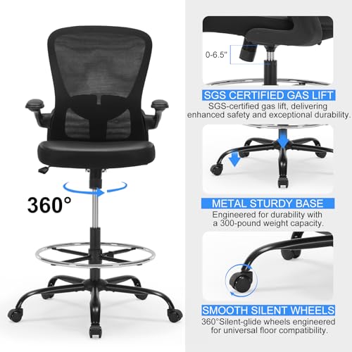 OLYFING Ergonomic Drafting Chair, Standing Desk Chair with Lumbar Support Tall Office Chair with Flip-Up Arms Footrest Ring, Breathable Mesh High Desk Chair with PU Leather Seat Cushion, Black OLYFING