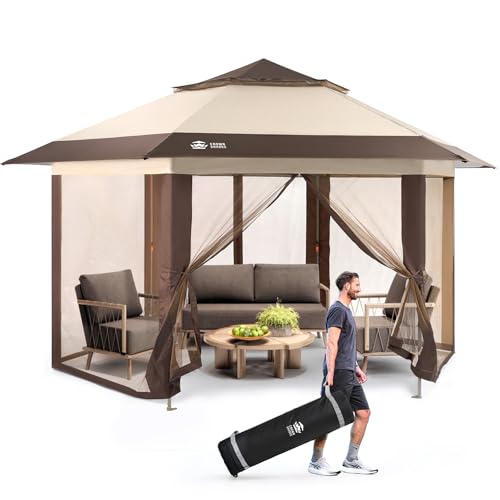CROWN SHADES 13x13 Pop Up Gazebo with Mosquito Nettings, Patented Center Lock 6-Sided Portable Gazebo, 300D Silver-Coated Fabric UV Resistant, Pop Up Canopy Tent for Patio, Party, Beige&Coffee CROWN SHADES