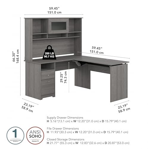 Bush Home Cabot 60W 3 Position Sit to Stand L Shaped Desk with Hutch in Modern Gray Bush Home