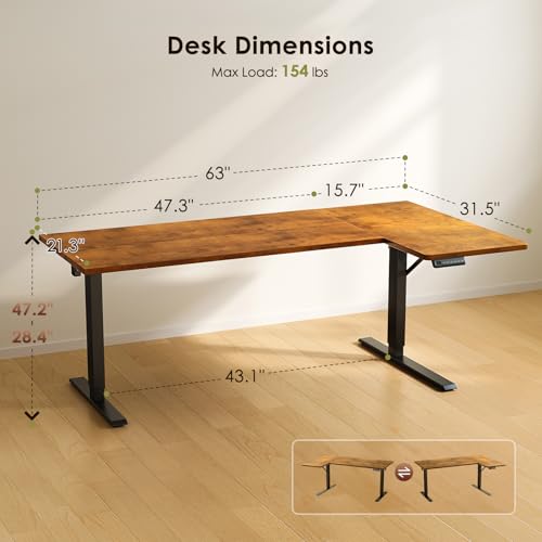 OffiGo Electric L Shaped Standing Desk, 63 Inches Height Adjustable Table, Reversiable Corner Stand Up Desk, Lifting Computer Table for Home Office, Computer Workstation, Rustic Brown OffiGo