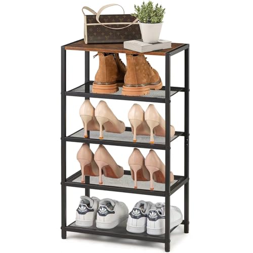 RUNJIMY Narrow Shoe Rack for Front Door Entrance, Entryway, and Closet Shoe Organizer with 4 Sturdy Metal Mesh Shelves and Wooden Top, Holds 10 Pairs, Ideal for Storage or Display RUNJIMY