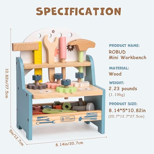 ROBUD Mini Wooden Play Tool Workbench Set for Kids Toddlers - Construction Toys Gift for 18 Months 2 3 4 5 Years Old Boys Girls ROBUD