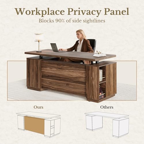 Perledesign 70" Standing Desk with Storage, Executive Electric Height Adjustable Stand Up Desk with AC/USB, Privacy Panel, Large One-Piece Destop, Fluted Computer Desk, Black Walnut Perledesign