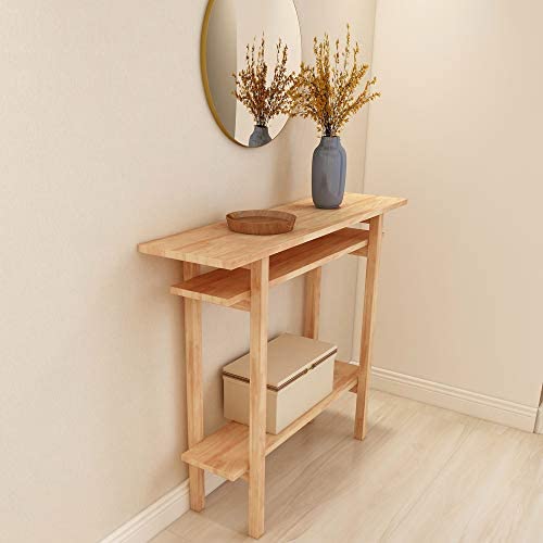 WoodShine Mid Century Modern Solid Wood Console Table, 3-Tier Entryway Table with Shelves Storage, Accent Long Sofa Table, Natural(42inx12inx35in) WoodShine