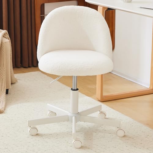 VINGLI Modern Vanity Chair with Back, Velvet Desk Chair for Girls, Small Office Chair with Silent Wheels, Stylish and Comfortable, White VINGLI