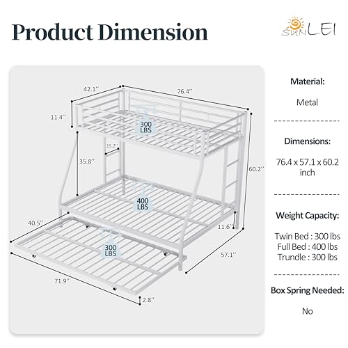 SUNLEI Metal Bunk Beds with Double Secured Ladders, Bunk Bed Twin Over Full with Surrounded Safety Guardrails, Space Saver Beds with Trundle, Noise Free for Small Bedroom, Creamy White SUNLEI