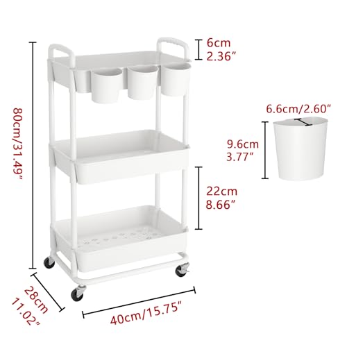 JIUYOTREE 3-Tier Plastic Rolling Storage Cart Utility Cart with Extra Hanging Cups Handles Lockable Wheels for Living Room Bathroom Kitchen Office White JIUYOTREE