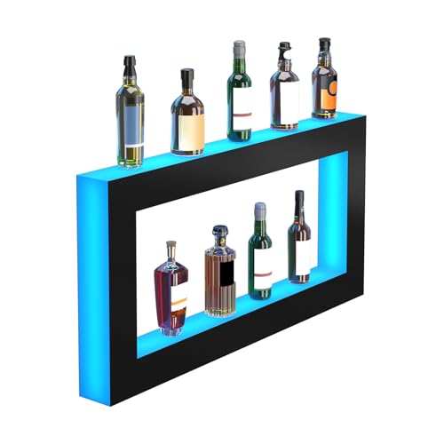 VEVOR LED Lighted Liquor Bottle Display Shelf, Square 48 Inches, Supports USB,Illuminated Home Bar Shelf w/RF Remote & App Control 7 Static Colors 1-4 H Timing, Acrylic Wall-Mounted Shelf VEVOR