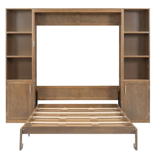 MERITLINE Queen Farmhouse Murphy Bed with Storage Bookcase Shelves and Cabinets, Solid Wood Foldable Hidden Vertical Murphy Wall Bed with Storage for Adults MERITLINE