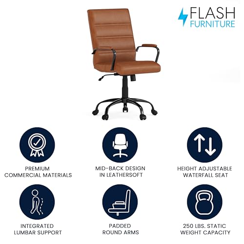 Flash Furniture Whitney Mid-Back Desk Chair - Brown LeatherSoft Executive Swivel Office Chair with Black Frame - Swivel Arm Chair Flash Furniture