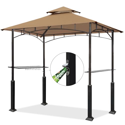 Eurmax USA 5x8 Grill Gazebo Shelter for Patio and Outdoor Backyard BBQ's, Double Tier Soft Top Canopy and Steel Frame with Bar Counters, Bonus LED Light X2(Khaki) Eurmax