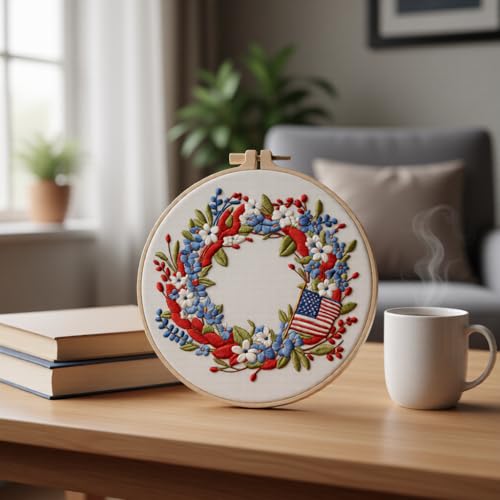 JJFox Embroidery Kit for Beginners & Adults, DIY Hand Embroidery Starter Kit with Cute Pattern, Cross Stitch Kit with Bamboo Hoop, Threads, Needles & Instructions (Independence Day Wreath)