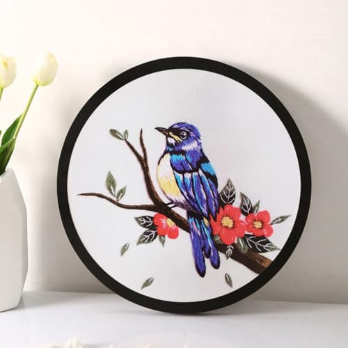 Esffaci Embroidery Starter Kit for Adult Beginners - Blue Bird Flowers Pattern with Cloth Hoop, Needle, Threader, Floss and Instructions