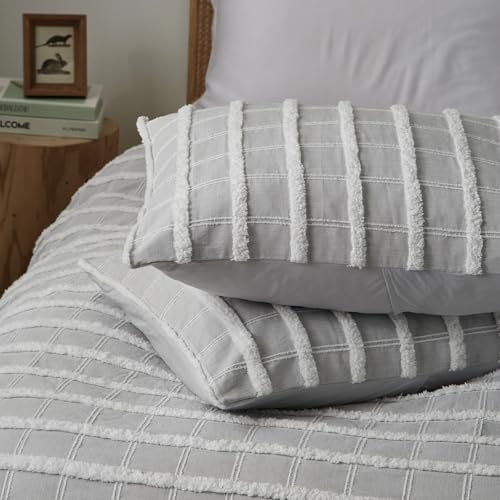 Ranunculus Tufted Stripes King Duvet Cover Set, Fluffy Washed Microfiber Grey Duvet Cover King Size with Button Closure & 2 Pillow Shams for All Seasons, Comforter Not Included (Grey Check,104"x90") Ranunculus