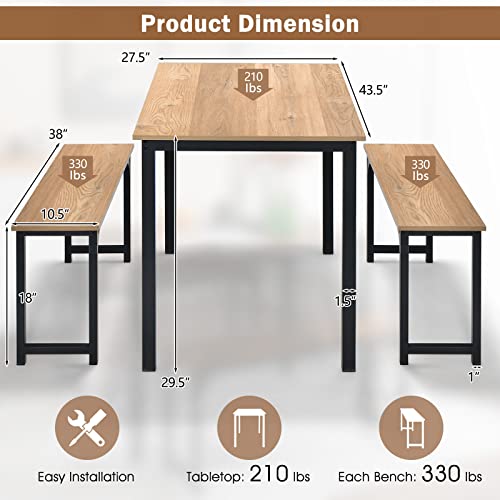 Giantex Dining Table Set for 4, Industrial Kitchen Table Set w/ 2 Benches, Space-Saving Dinette Set for Breakfast Nook, Dining Room, Kitchen, Easy Assembly (Natural) Giantex