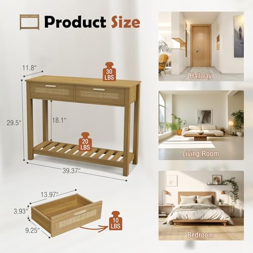 FUQARHY Console Table with 2 Rattan Drawers Boho Entryway Table with Storage Shelf, Narrow Wood Small Console Tables for Entryway, Entry Table for Hallway, Living Room, Foyer FUQARHY
