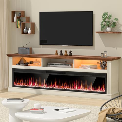 Spurgehom 58" Fireplace TV Stand for TVs Up to 65" with 52" Electric Fireplace,White Entertainment Center,Led Light TV Consoles for Living Room,Farmhouse Media Console Table Spurgehom
