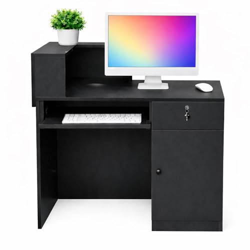 Modern Reception Desk with Storage Drawer & Counter Shelf, 39.4" Front Counter Reception Table for Office, Salon, Lobby, Retail Store (Black, Left Table)
