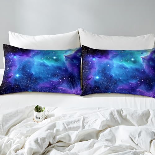 Feelyou Galaxy Sheet Set King Size Out Space Bedding Blue Nebula Universe 100% Microfiber Deep Pockets Bed Sheets 4 Pcs - 1 Falt& 1 Fitted Sheets with 2 Pillow Shams Feelyou