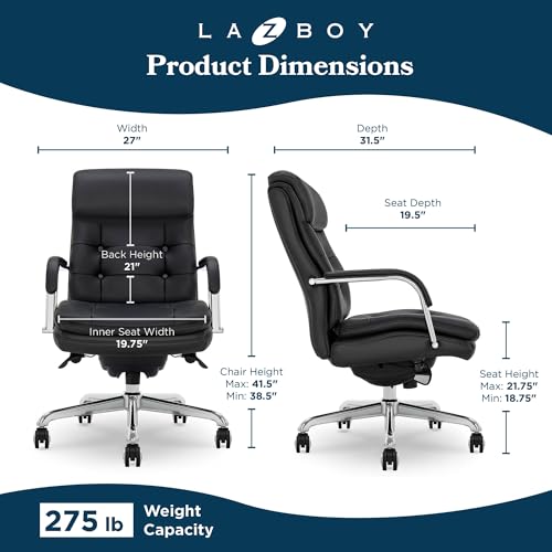 La-Z-Boy Sonata Executive Mid-Back Office Chair, Button-Tufted Seat and Back, Double-Layer Cushion, Padded Armrests, Ergonomic Computer DeskChair, Swivel Metal Base, Bonded Leather, Black/Chrome La-Z-Boy