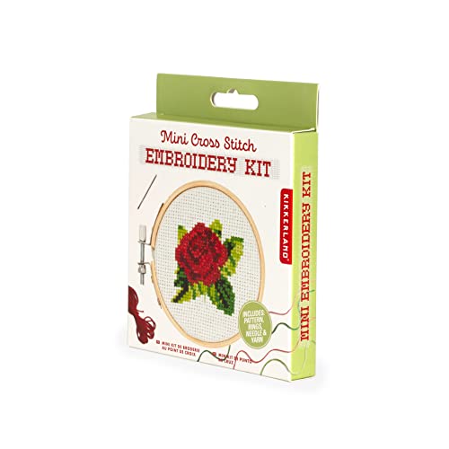 Kikkerland DIY Mini Cross Stitch Rose Embroidery Craft Starter Kit Set, with Pattern Instructions, 3" Bamboo Hoop, Stress Relief, Adult Beginner Friendly