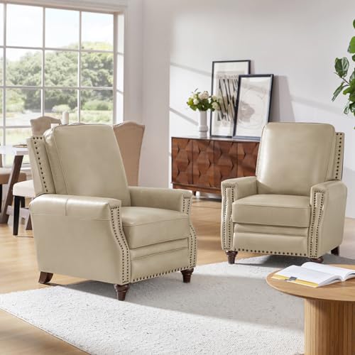 HULALA HOME Genuine Leather Manual Recliner Chair with Adjustable Backrest & Footrest, Mid Century Modern Push Back Recliner with Nailhead Trim & Wood Legs-for Living Room Home Theater, Beige