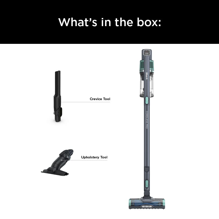 Shark IZ631H Cordless Pro Vacuum with PowerFins and Self-Cleaning Brushroll, Includes Upholstery Tool & Crevice Tool, Up To 60 Minute Runtime, HEPA Filtration, Cordless Vacuum, Dark Grey/Mojito Shark