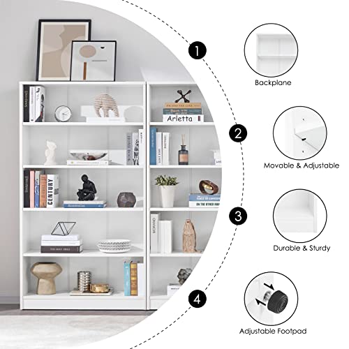 Farini Modern White 5-Tier Bookshelf - Adjustable Wood Bookcase for Bedroom, Office, or Living Room Farini