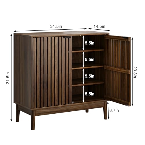 Morwdxef Shoe Cabinet with Slatted Doors, 4-Tier Freestanding Shoe Cabinet Storage for Entryway, Narrow Entryway Shoe Organizer Cabinets with Shelves (Walnut, 31.5" Wide) Morwdxef