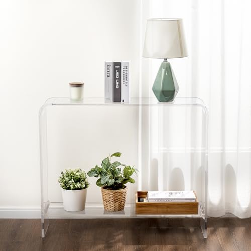 MyGift Premium 15mm Clear Acrylic Entryway Console Table with Bottom Display Shelf, 2 Tier Living Room Sofa Back Storage Shelves Modern Luxury Home Decor MyGift