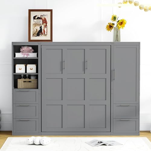 MERITLINE Queen Murphy Bed with Storage Wardrobe Closet,Drawers and Open Shelves,Wood Folding Farmhouse Murphy Wall Bed with Shelves,for Adults (Grey)