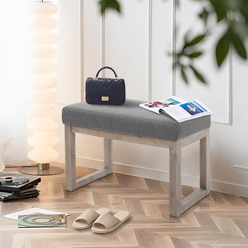 CangLong 27 Inch Wide Rectangle Ottoman Bench Grey Footstool, Linen Look Polyester Fabric for Living Room, Bedroom, Grey CangLong