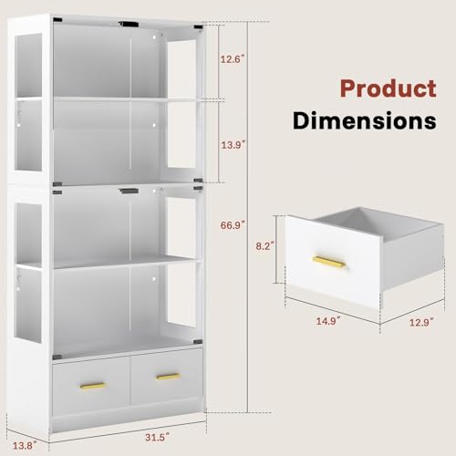 Lamtor Glass Display Cabinet with Doors - Curio Cabinet with Dynamic LED Lights for Collectibles, 67" Display Case with 4 Tier and Drawers for Figure, Toys, Books, White Lamtor