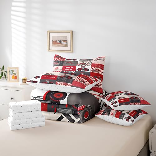Erosebridal 7 Pcs Kids Tractor Bedding Sets Red Cartoon Tractor Quilt with Flat Fitted Sheet Twin Farm Vehicle Truck Bed in A Bag Equipment Construction Comforter Set Geometric Plaid Decor Erosebridal