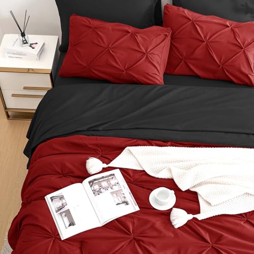 Ubauba 7pc King Size Comforter Set with Sheets, All Season Pintuck 7 Piece Bedding Sets Red and Black, Pinch Pleating Bed in a Bag Set with Comforters (Red and Black,King)